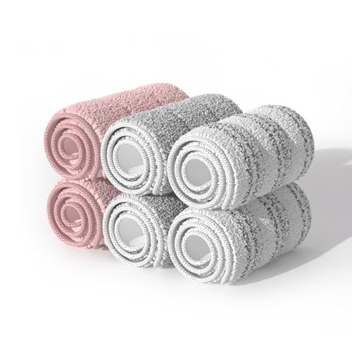 JOYMOOP Microfiber Replacement Mop Pads for 13" Flat Mop System, Reusable Floor Cleaning Refills, 6-Pack, Pink, Grey and Stripe - color: 6 Pcs - 2 Grey + 2 Stripe + 2 Pink, size: 13.0 × 4.9 Inch