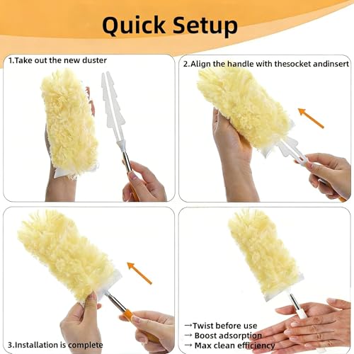 Heavy Duty Duster Refills, Disposable Dusters Kit for Cleaning Dusting Furniture Blind Ceiling Fan, Multi Surface 360 Feather Duster(10)+3FT Extended Handle（1） (Yellow) - color: Yellow