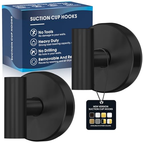 MOTAIPEAK Suction Cup Hooks for Shower, Removable Shower Suction Hooks for Inside Shower, No Drill Towel Hooks for Bathroom Glass Mirror Tile, Waterproof Rustproof Robe & Loofah Hooks, Black, 2 Pack - color: Black, size: 2 Pack