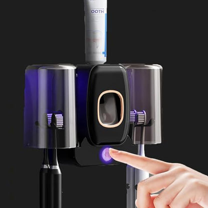 2Cups Wall-Mounted Toothbrush Sterilizer Holder with Toothpaste Dispenser - 4 Slots,3 in 1 Toothbrush Cleaner, No Drilling, USB Charging, Ideal for Family Bathroom (Black-Double Cup) - color: Black-double Cup