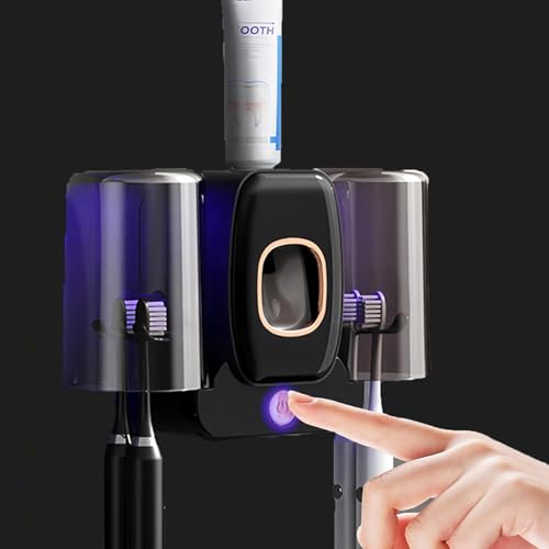 2Cups Wall-Mounted Toothbrush Sterilizer Holder with Toothpaste Dispenser - 4 Slots,3 in 1 Toothbrush Cleaner, No Drilling, USB Charging, Ideal for Family Bathroom (Black-Double Cup) - color: Black-double Cup