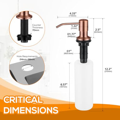Built in Sink Soap Dispenser Lotion Dispenser for Kitchen Sink, Soap Dispenser with 17 Ounce Bottle, Soap Pump Built in Countertop Under Sink, Red Bronze - color: Red Bronze