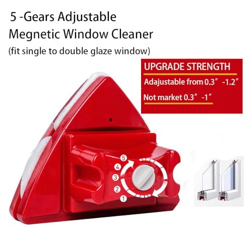 Fcare Outside Magnetic Window Cleaner, Double-Sided Brush Glass Wiper Cleaning Tools, Adjustable Magnetic Glider for High-Rise Double Glazed Thick Windows Thickness 0.3"-1.2" (red)