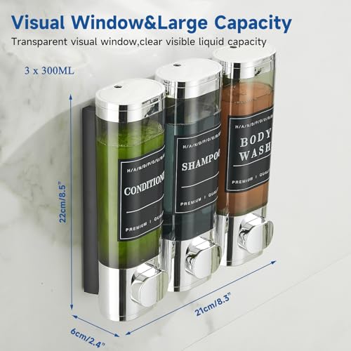 Shampoo and Conditioner Dispenser,Shower Soap Dispenser 3 Chamber No Drill Wall-Mounted Shampoo Dispenser for Shower Wall Mounted Shower Dispenser for Bathroom Hotel Large Capacity, Clear Bright - color: Clear Bright 3 Chamber