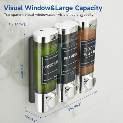 Shower Shampoo Dispenser 3 Chamber No Drill Wall-Mounted,Shampoo and Conditioner Dispenser Shampoo for Shower Wall Mounted Body Wash for Bathroom,Chrome - color: Chrome 3 Chamber