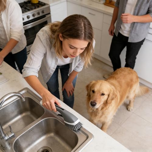 Dish Brush with Soap Dispenser, Soap Dispensing Dish Brush Detachable Handle, Kitchen Scrub Brushes for Dishes Kitchen Sink Bathroom Tiles - color: Gray