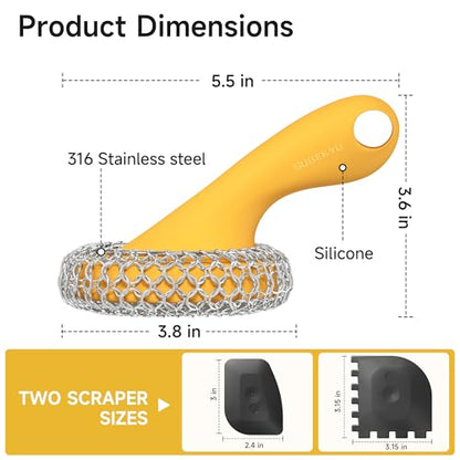 SUBEKYU Cast Iron Scrubber with Silicone Handle, Stainless Steel Skillet Cleaner for Cast Iron Pans (Yellow Scrubber + Scraper) - color: Yellow Scrubber + Scraper
