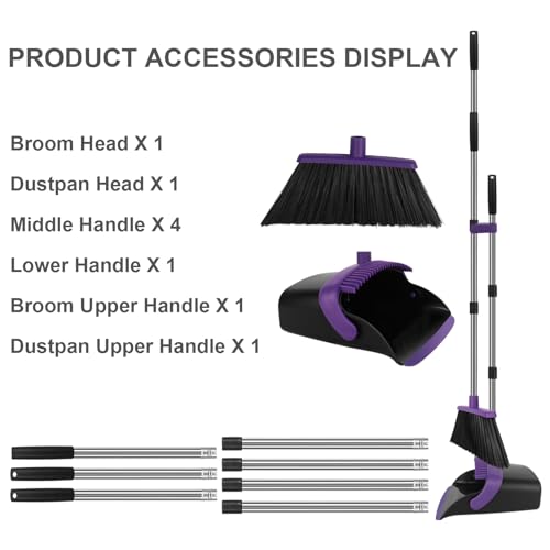 Broom and Dustpan Set, Large Household Dustpans and Broom with 55 Inch Long Handle, Pueple Broom with Dustpan Combo Set for Home - color: Purple, size: Large