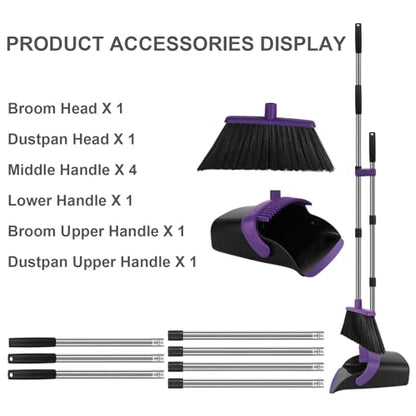 Broom and Dustpan Set, Large Household Dustpans and Broom with 55 Inch Long Handle, Pueple Broom with Dustpan Combo Set for Home - color: Purple, size: Large