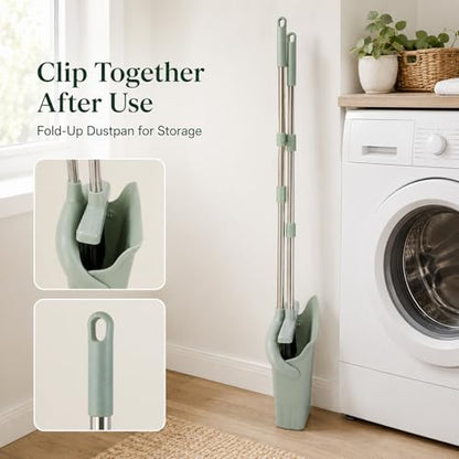 Broom and Dustpan Set, 52-Inch Adjustable Long Handle with Self-Cleaning Comb Teeth, Flexible TPR Lip and Foot-Assisted Fold-Up Dustpan for Pet Hair, Dust, Crumbs and Hard Floors, Green - color: Green