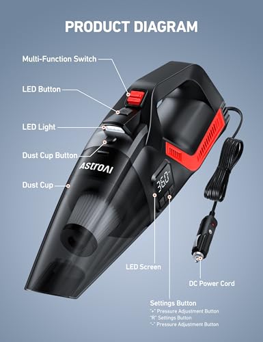 AstroAI 4-in-1 V3 12V DC High Power Handheld Car Vacuum Cleaner for Car,Home,Pet Hair Cleaning, 150 PSI 16.4FT Cord Digital Pressure Gauge & LED Light Portable Tire Inflator for Cars,Bikes,SUVs,Balls