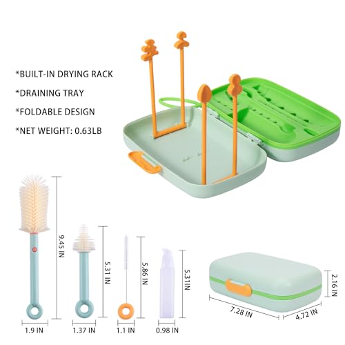 7in1 Travel Bottle Cleaner kit,Baby Essentials, with Bottle Brush、Nipple Brush、Straw Cleaner Brush、Soap Dispenser、Bottle Drying Rack、Drainage Tray、Storage Box,Baby Travel Essential (Green) - color: Green