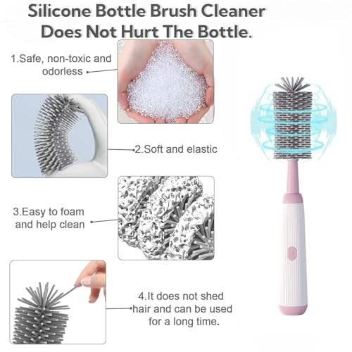 Electric Bottle Brush Set, 6-in-1 Electric Cleaning Brush with Waterproof Silicone Cleaner, 3 Replaceable Brush Heads, Straw Brush & Extension Rod, for Baby Feeding Accessories and Kitchen Utensils - color: Light Pink