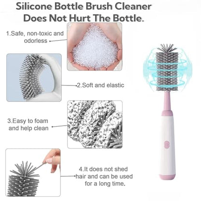 Electric Bottle Brush Set, 6-in-1 Electric Cleaning Brush with Waterproof Silicone Cleaner, 3 Replaceable Brush Heads, Straw Brush & Extension Rod, for Baby Feeding Accessories and Kitchen Utensils - color: Light Pink