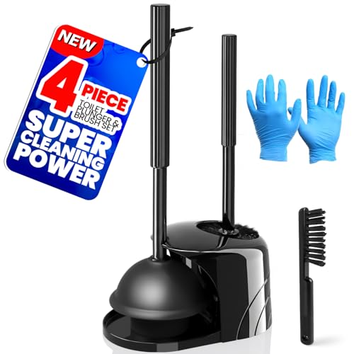 4-Piece Toilet Brush and Plunger Set, Extended Handle Plunger,Toilet Bowl Brush Plunger Set,Bathroom Cleaning Tools,Cleaning Brush,Cleaning Supplies,Toilet Brush Plunger Combo,Black（20inch） - color: Black