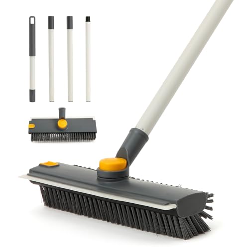 Yocada Floor Scrub Brush with Long Handle 3 in 1 Dual-Sided Stiff Bristle Scrubber Brush and Scrape Squeegee Indoor&Outdoor for Cleaning Bathroom Kitchen Patio Pool Garage Wall Deck 53.9"