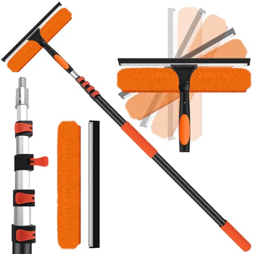 14" Window Squeegee with Extension Pole,26FT Reach High Window Washers for High Outside Windows,Professional Window Cleaning Tool Kit Include Replacement,180°Rotatable Squeegee for Indoor/Outdoor - color: 14in Squeegee, size: 20FT(Reach 26ft)