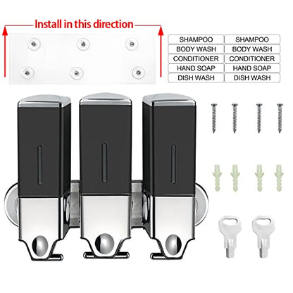 No-Drill 3 Pack 500ml Wall Mounted Soap Dispenser for Bathroom and Kitchen, Shampoo and Conditioner Dispenser Drill Free with Adhesive(Square-Black) - color: Black-2