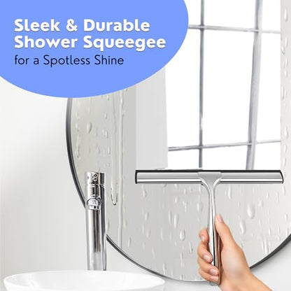 All-Purpose Shower Squeegee for Shower Doors, Bathroom, Windows, Mirrors, Tiles, and Car Glass – 11 Inches Stainless Steel with Hook (Silver)