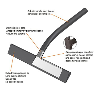 Silicone Shower Squeegee, Black, 11inch | All-Purpose, With Hook, For Shower Glass Door Window Mirror Tile Car Walls - size: 11 inch(2 hooks)