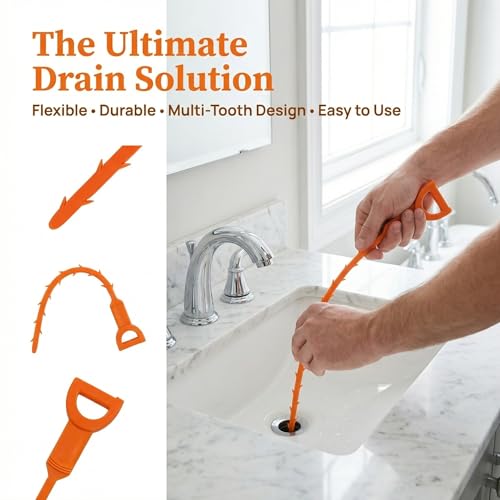 Drain Snake Hair Clog Remover Orange Plastic, 20 Inch Barbed Design for Bathroom Tub Kitchen Sink Toilet Sewer Cleaning 4 Pack