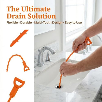 Drain Snake Hair Clog Remover Orange Plastic, 20 Inch Barbed Design for Bathroom Tub Kitchen Sink Toilet Sewer Cleaning 4 Pack
