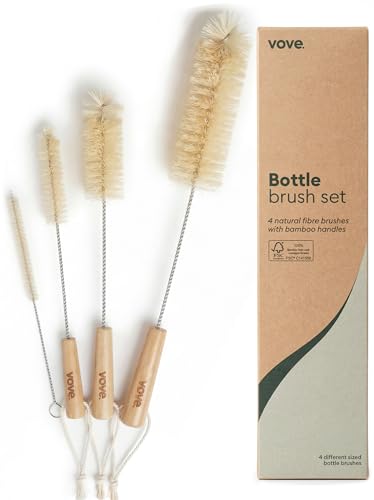 Vove Bottle Brush Set, 4 Natural Sisal Bottle Brushes with Long Bamboo Handles, Plastic-Free Bottle & Straw Cleaner Set, Zero Waste, Stainless Steel Wire, FSC Certified Bamboo, Kraft Packaging