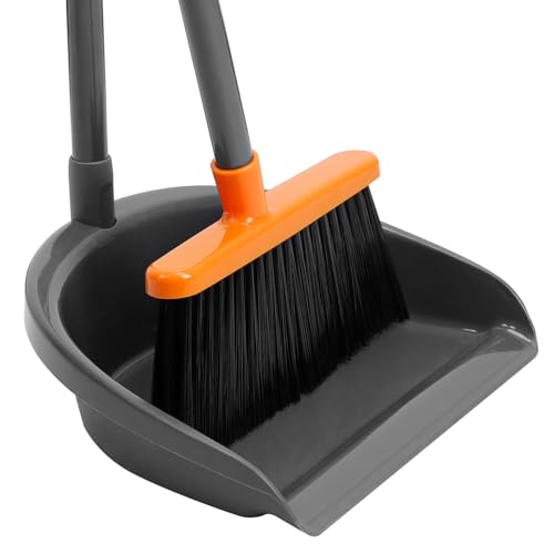 Long Handle Broom with Dustpan Combo Set for Office Home Kitchen Lobby Floor Cleaning Broom Dustpan for Indoor&Outdoor Sweeping - color: Orange