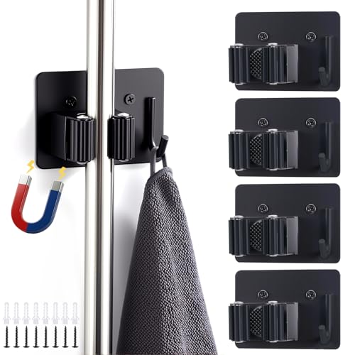 4pcs Magnetic Broom Holder Wall Mount, Black | 12.13lbs Heavy Duty, Mop and Broom Organizer, No Drill Tool Gripper, For Garage Home Office RV & Living Room