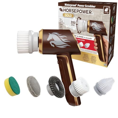 Horsepower Scrubber Gold Edition, Longer Battery Life, Electric Power, Rechargeable, Spins 350 RPM, Waterproof, 5 Brush Heads, AS SEEN ON TV, Cleans Dirt & Grime: Bathrooms, Kitchen, Indoors/Outdoors - style: Extra Battery Life