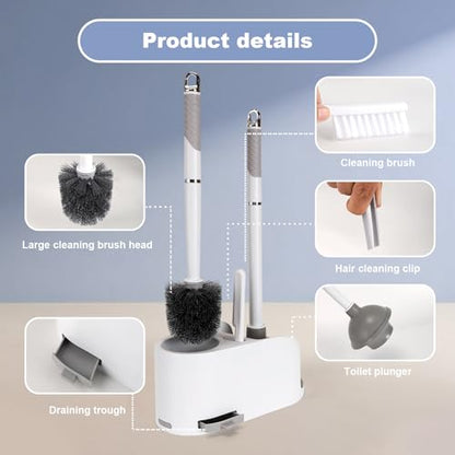 Toilet Brush and Plunger Set 4 in 1 Toilet Brush and Holder with Crevice Cleaning Brush and Clip Deep Cleaning, Wall Mounted Home Bathroom Cleaning Tool Combo （Gray 1）