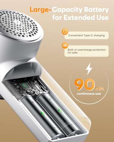 Fabric Shaver, Lint Remover Rechargeable, 6-Blade Lint Remover with LCD Display & 3 Speeds, Portable for Clothes, Sweaters, Couches, Blankets, Includes 3 Replacement Blades, Pearl White