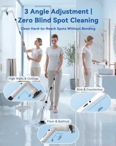 Electric Spin Scrubber, Hillyfe Bathroom Scrubber Electric with 7 Replaceable Brush Heads, IPX7 Waterproof,300/400 RPM, 3 Adjustable Length,Scrubber Brush Electric for Bathtub Floor,White - color: White