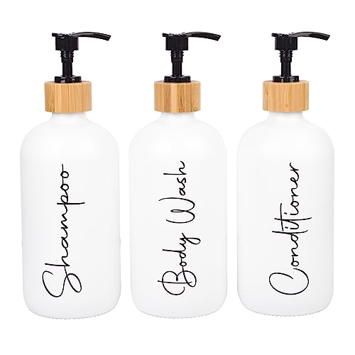 Glass Shampoo and Conditioner Pump Bottles Soap Dispenser Bamboo Pump Head Empty Glass Refillable Shampoo Conditioner Body Wash Soap Bottles for Bathroom, 17 oz, 3 Pack, White - color: White, size: Shampoo + Conditioner