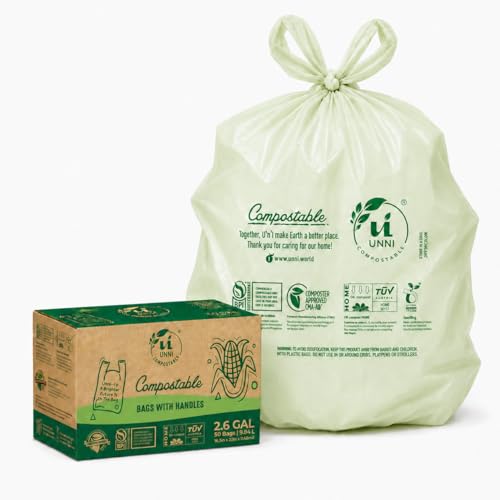 UNNI 2.6 Gallon Compostable Trash Bags with Tie Handles, 50 Count Small Food Scrap Kitchen Compost Bags for Countertop Bin, Certified by BPI, CMA & OK compost HOME, Meets ASTM D6400 - size: 50 Count (Pack of 1), style: 2.6 Gallon