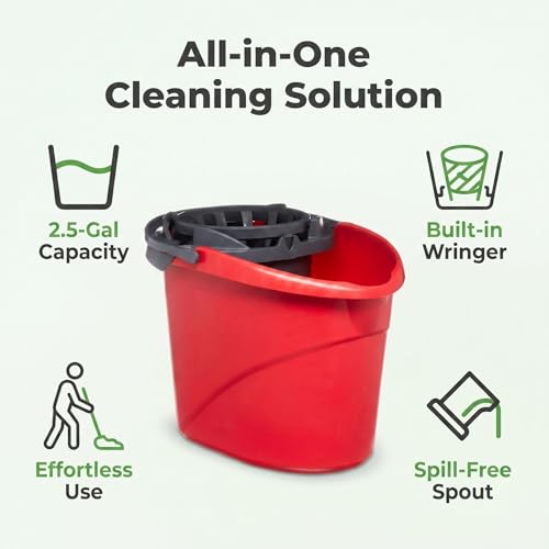 2.5 Gallon Mop Bucket with Wringer, Hands-Free Cleaning Bucket with Spout and Carry Handle, Bucket Floor Cleaning System for Home Kitchen, Bathroom and Household, Red