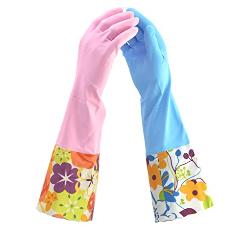 2 PAIRS Household Gloves Latex Free Cleaning Gloves with Soft Lining Long Cuff 15" & Grip, Medum, Pink/Blue - color: Pink/Blue, size: Medium (Pack of 2)
