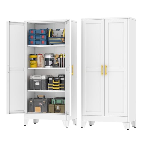 pozdeg 61" Metal Garage Storage Cabinet, Heavy Duty Steel Tool Cabinet with 2 Doors & 3 Adjustable Shelves, Freestanding Organizer Cabinet for Garage Home Office Basement (White) - color: White, size: 61"H