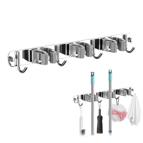 Upgrade Broom Holder Wall Mount, 304 Stainless Steel Mop & Broom Storage Organizer with Hooks, Self-Adhesive or Screw Install for Bathroom Garage Kitchen (grey, 3 Racks and 4 Hooks) - color: grey, size: 3 Racks and 4 Hooks