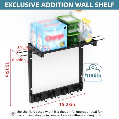Broom Holder Wall Mount with Cleaning Supplies Organizer, Laundry Room Organization and Storage Shelves, Mop Hanger Broom Rack with Hooks, Home Improvement Kitchen Shelf Garage Organizer