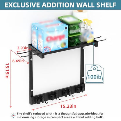 Broom Holder Wall Mount with Cleaning Supplies Organizer, Laundry Room Organization and Storage Shelves, Mop Hanger Broom Rack with Hooks, Home Improvement Kitchen Shelf Garage Organizer