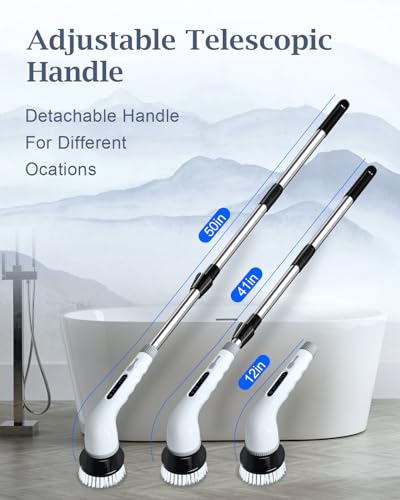 Electric Spin Scrubber, Shower Scrubber Cordless Cleaning Brush with 8 Replaceable Brush Heads and Squeegee，Adjustable Extension Handle 2 Speeds Electric Cleaning Brush for Bathroom, Tub, Tile，Kitchen