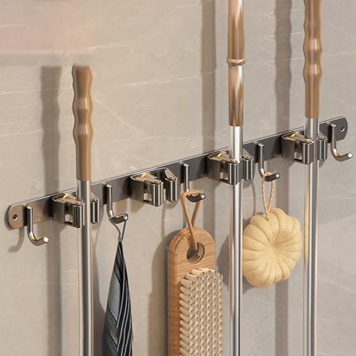 Wall-Mounted Broom Holder Stainless Steel Mop Storage Rack Laundry Room Storage Solution Suitable for Kitchens, Gardens, Garages (Gray: 4 clips with 5 hooks) - color: Gray: 4 clips with 5 hooks