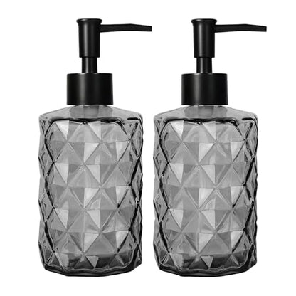 12Oz Small Glass Soap Dispenser with Black Plastic Pump, Gray Refillable Kitchen Countertop Liquid Hand Soap Dispensers with Diamond Design, Bathroom Lotion Bottle for Dispense Dish Soap, 2 Set - color: Gray Diamond 2pcs