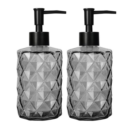 12Oz Small Glass Soap Dispenser with Black Plastic Pump, Gray Refillable Kitchen Countertop Liquid Hand Soap Dispensers with Diamond Design, Bathroom Lotion Bottle for Dispense Dish Soap, 2 Set - color: Gray Diamond 2pcs