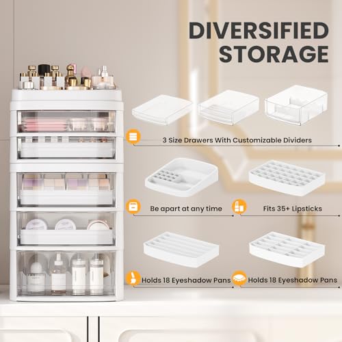 Rolling Cart with 5 Drawers, Clear Plastic Drawer Organizers, Dust Proof Under Desk Storage for Makeup, Skincare, Art Crafts and Baby Items, Acrylic Cosmetic Organizer with Dividers, Vanity Cart - size: 5 Tier