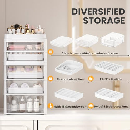 Rolling Cart with 5 Drawers, Clear Plastic Drawer Organizers, Dust Proof Under Desk Storage for Makeup, Skincare, Art Crafts and Baby Items, Acrylic Cosmetic Organizer with Dividers, Vanity Cart - size: 5 Tier