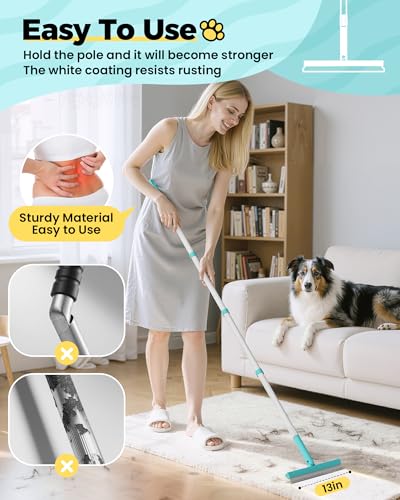 Carpet Rake for Pet Hair Removal Tool - 4 in 1 Pet Hair Remover Kit for Dog Cat Fur Remover, Contain 60" Adjustable Rubber Broom, Glove, Magic Brush and Scraper for Furniture (Blue) - color: Blue
