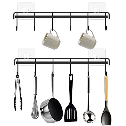 Kitchen Utensil Hanger, Adhesive Utensil Holder Wall Mount Kitchen Rack Rail with 12 Hooks, Space Saving and No Drilling, Black, 2 Pcs - color: Black