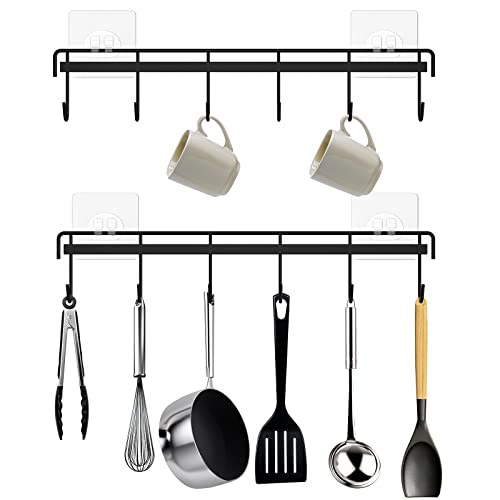 Kitchen Utensil Hanger, Adhesive Utensil Holder Wall Mount Kitchen Rack Rail with 12 Hooks, Space Saving and No Drilling, Black, 2 Pcs - color: Black